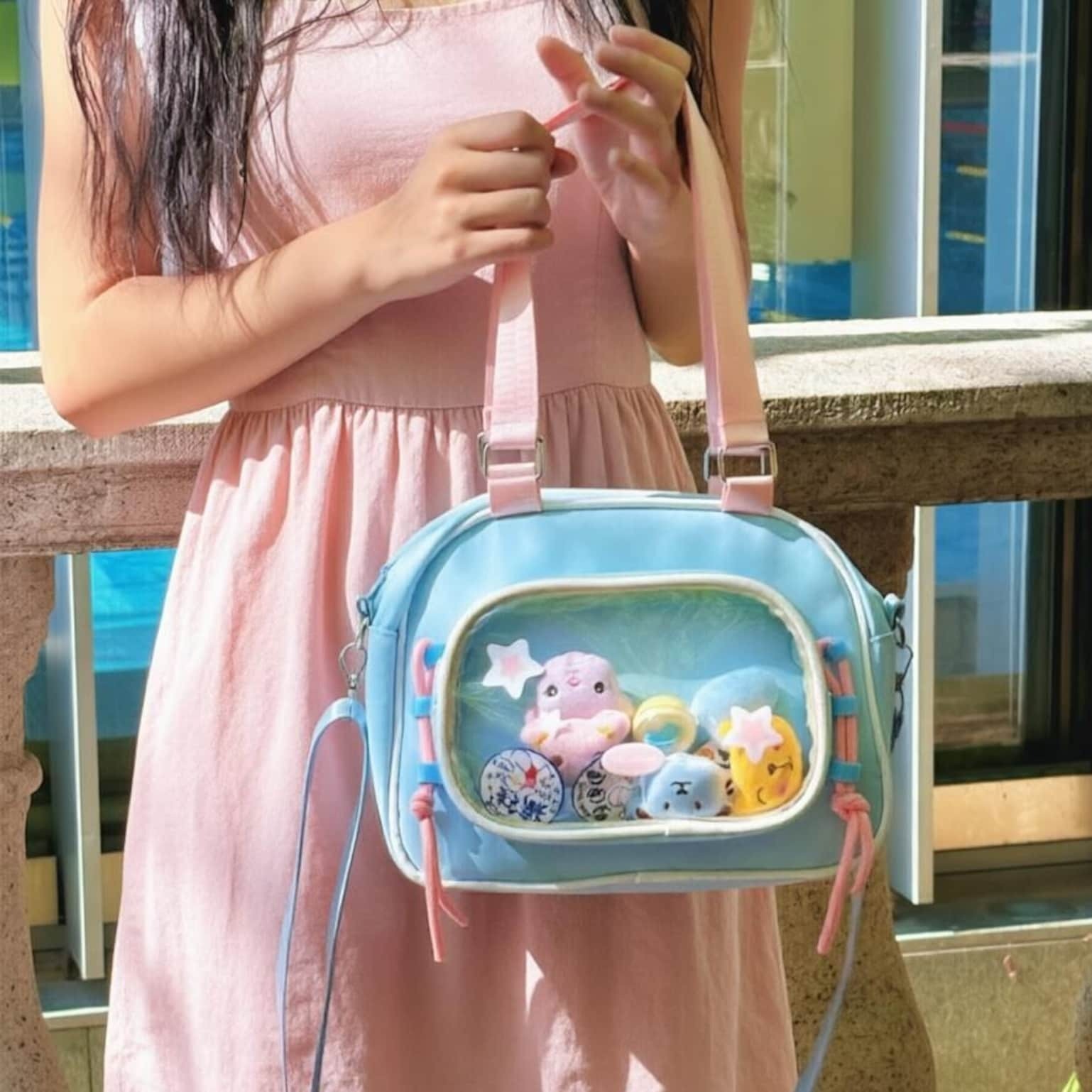 Small Pastel Kawaii Ita Messenger Bag with Clear Window for Plushies and Pins Small Pastel Kawaii Ita Messenger Bag with Clear Window for Plushies and Pins