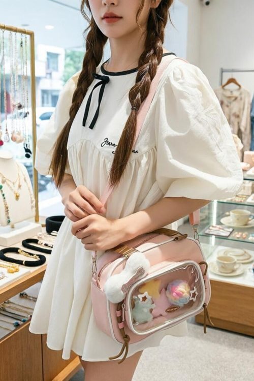Small Pastel Kawaii Ita Messenger Bag with Clear Window for Plushies and Pins