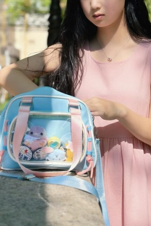 Small Pastel Kawaii Ita Messenger Bag with Clear Window for Plushies and Pins
