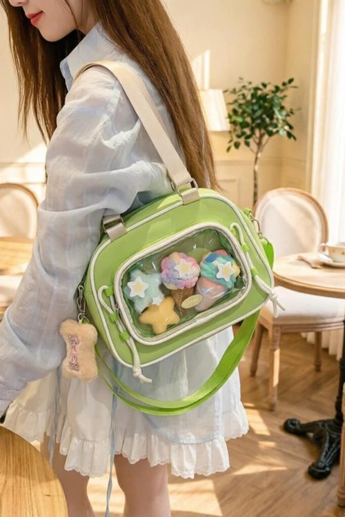Small Pastel Kawaii Ita Messenger Bag with Clear Window for Plushies and Pins