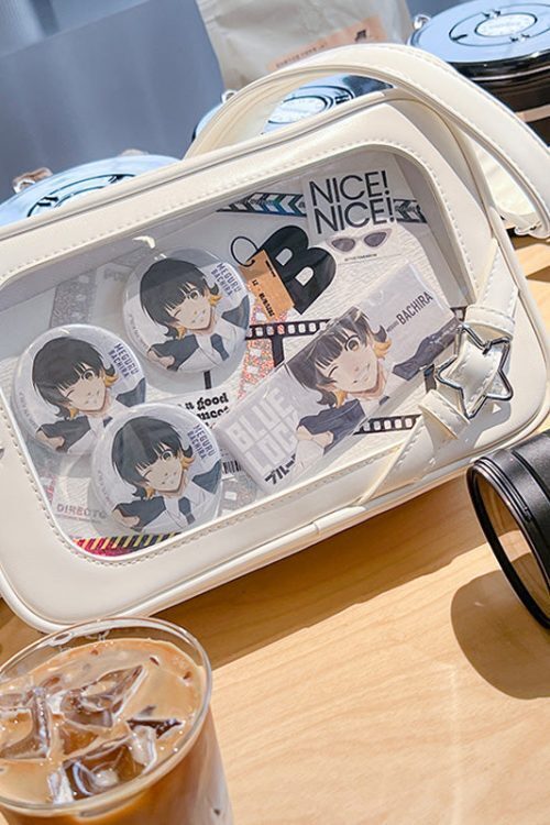 Small White Ita Crossbody Bag with Clear Window and Included Insert for Pin Display