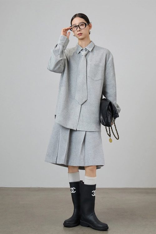 Soft Loose Long Sleeve Shirt / Knee Length Skirt