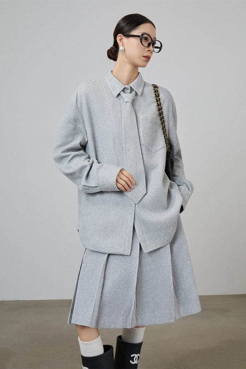 Soft Loose Long Sleeve Shirt / Knee Length Skirt