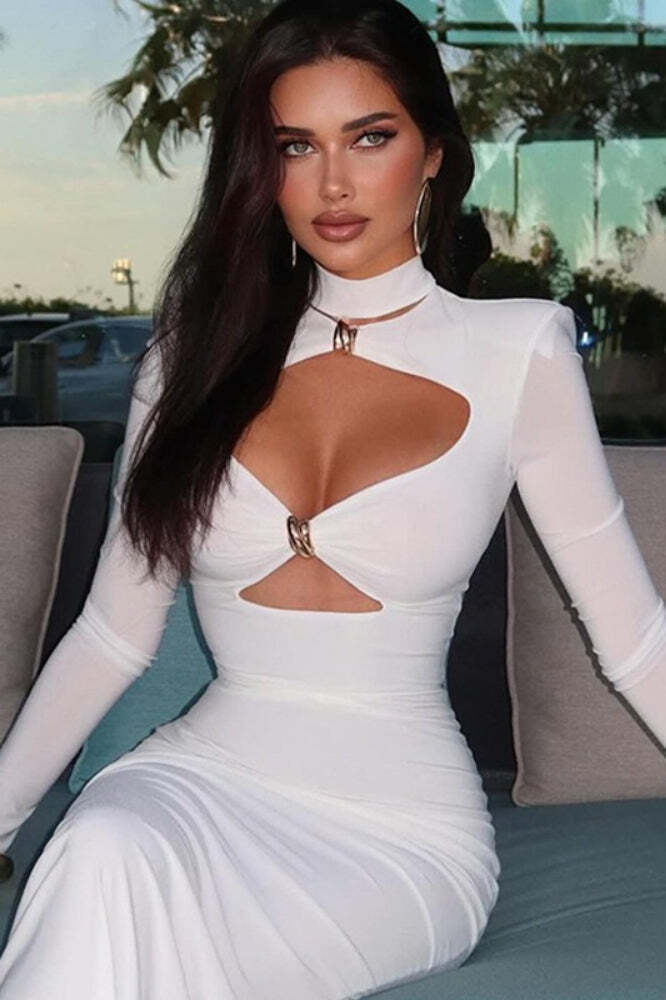 Solid Elegant Minimalist Cutout Metal Embellished Fitted Maxi Dress Solid Elegant Minimalist Cutout Metal Embellished Fitted Maxi Dress