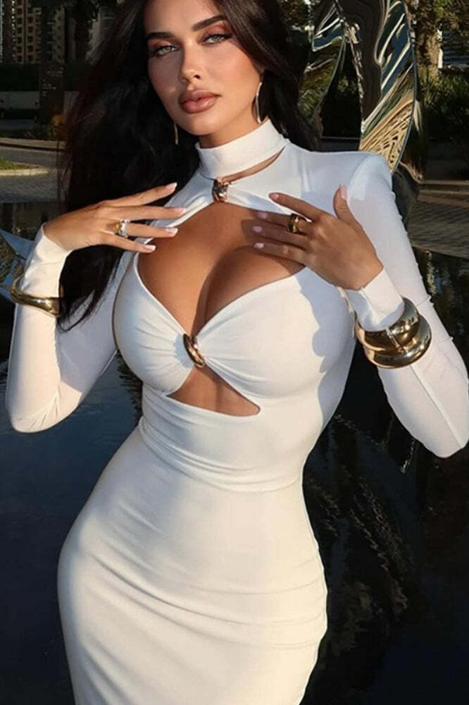 Solid Elegant Minimalist Cutout Metal Embellished Fitted Maxi Dress Solid Elegant Minimalist Cutout Metal Embellished Fitted Maxi Dress