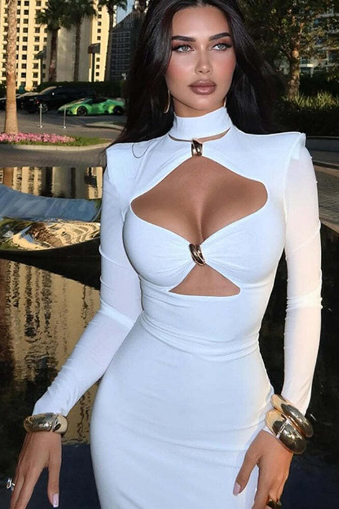 Solid Elegant Minimalist Cutout Metal Embellished Fitted Maxi Dress Solid Elegant Minimalist Cutout Metal Embellished Fitted Maxi Dress