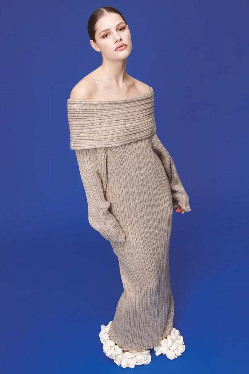Solid Elegant Minimalist Off Shoulder Bodycon Knit Maxi Dress Solid Elegant Minimalist Off Shoulder Bodycon Knit Maxi Dress