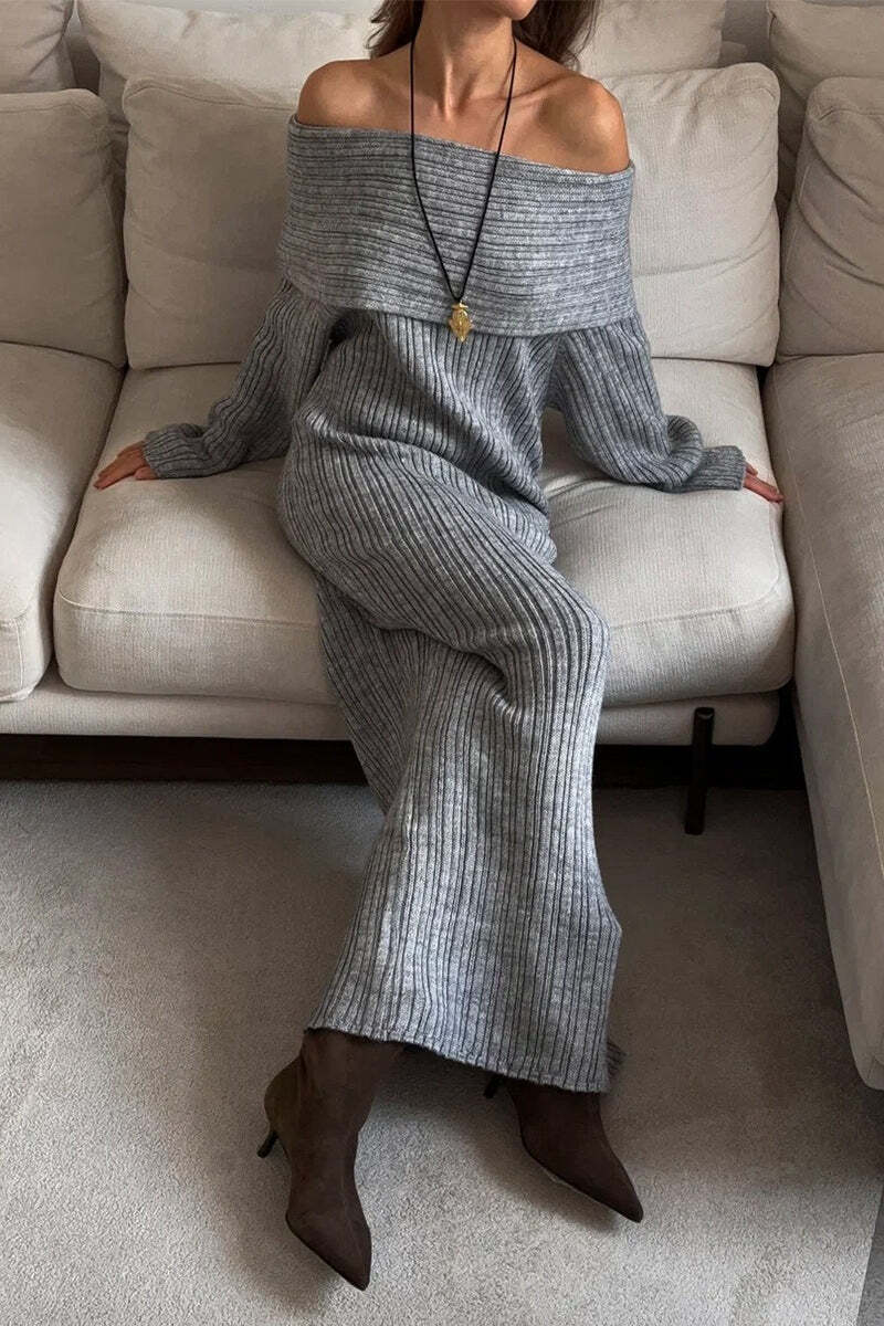 Solid Elegant Minimalist Off Shoulder Bodycon Knit Maxi Dress Solid Elegant Minimalist Off Shoulder Bodycon Knit Maxi Dress