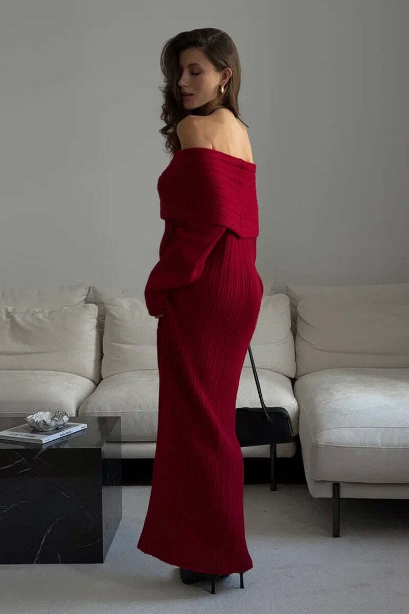 Solid Elegant Minimalist Off Shoulder Bodycon Knit Maxi Dress Solid Elegant Minimalist Off Shoulder Bodycon Knit Maxi Dress