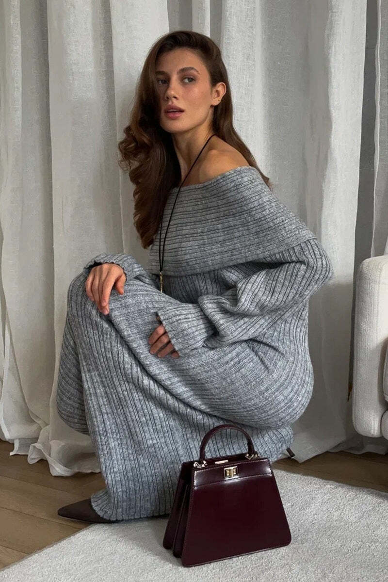 Solid Elegant Minimalist Off Shoulder Bodycon Knit Maxi Dress Solid Elegant Minimalist Off Shoulder Bodycon Knit Maxi Dress