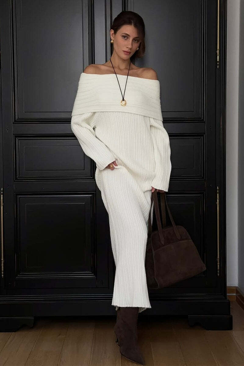 Solid Elegant Minimalist Off Shoulder Bodycon Knit Maxi Dress Solid Elegant Minimalist Off Shoulder Bodycon Knit Maxi Dress