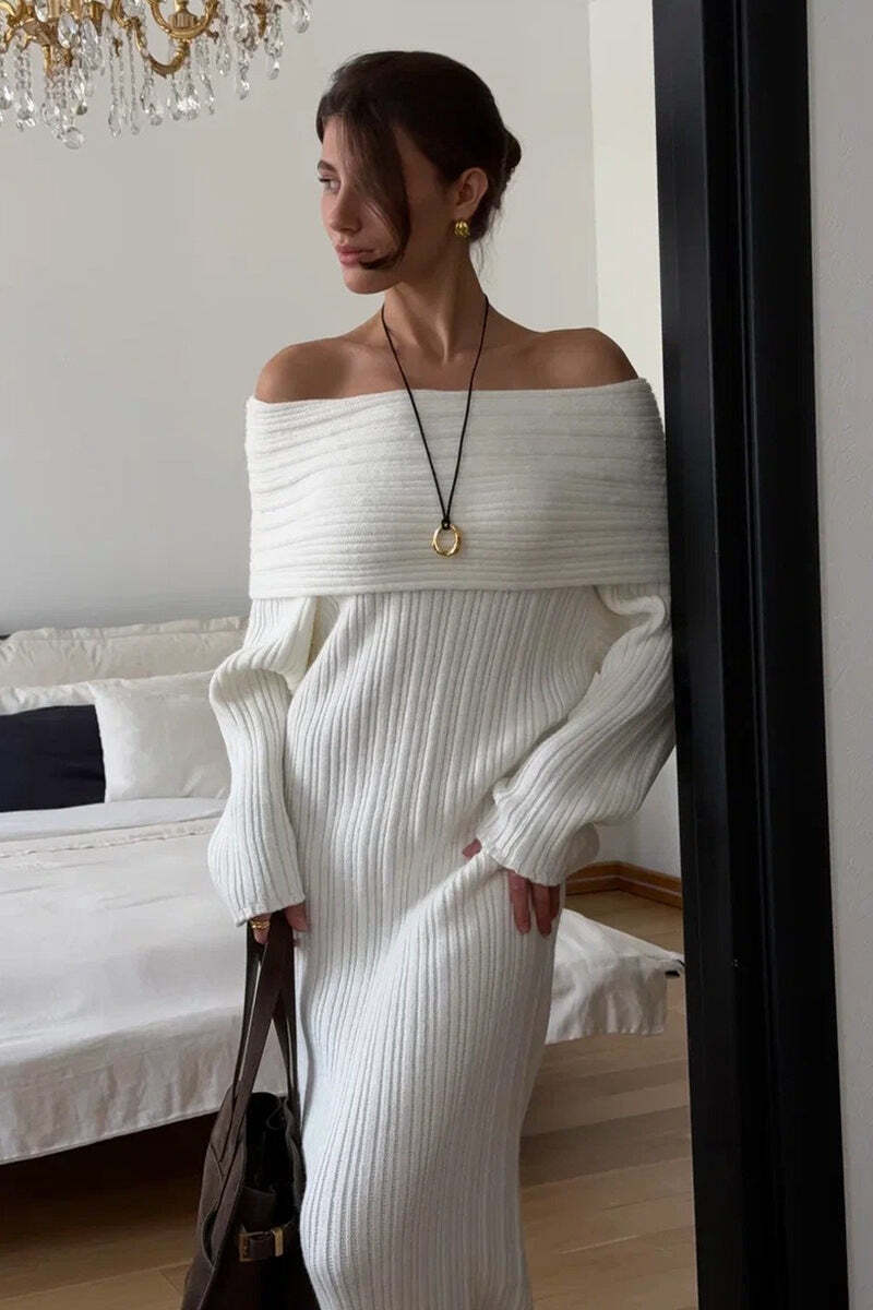 Solid Elegant Minimalist Off Shoulder Bodycon Knit Maxi Dress Solid Elegant Minimalist Off Shoulder Bodycon Knit Maxi Dress
