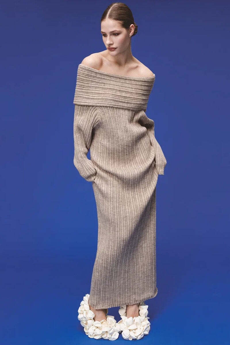 Solid Elegant Minimalist Off Shoulder Bodycon Knit Maxi Dress Solid Elegant Minimalist Off Shoulder Bodycon Knit Maxi Dress