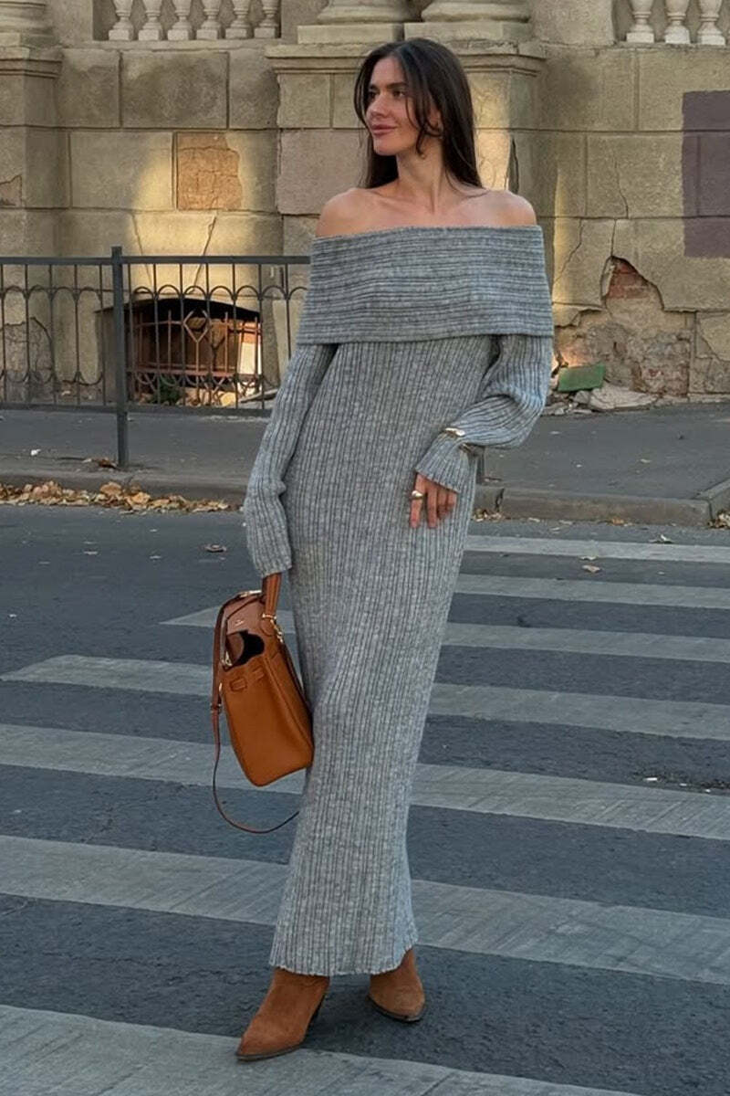 Solid Elegant Minimalist Off Shoulder Bodycon Knit Maxi Dress Solid Elegant Minimalist Off Shoulder Bodycon Knit Maxi Dress