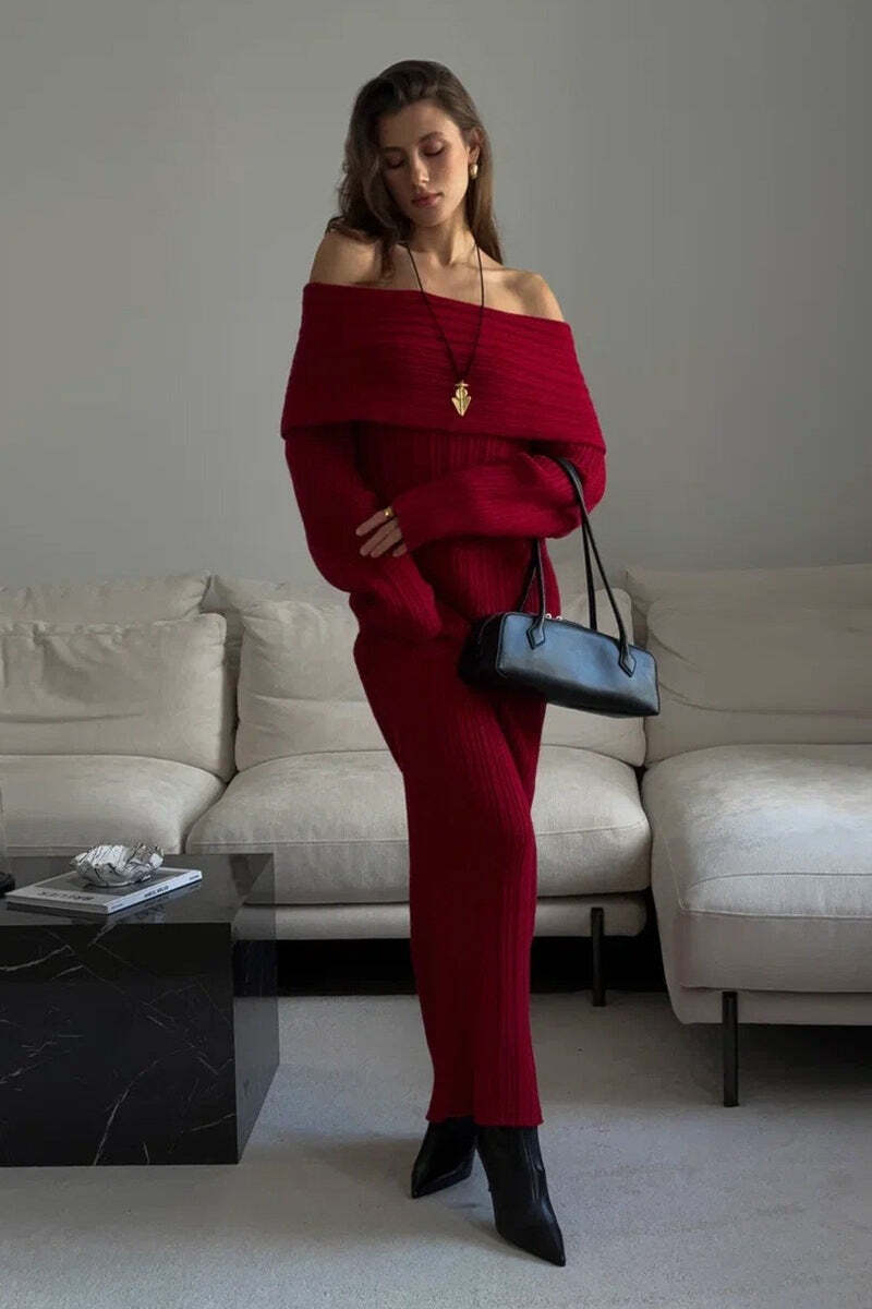 Solid Elegant Minimalist Off Shoulder Bodycon Knit Maxi Dress Solid Elegant Minimalist Off Shoulder Bodycon Knit Maxi Dress