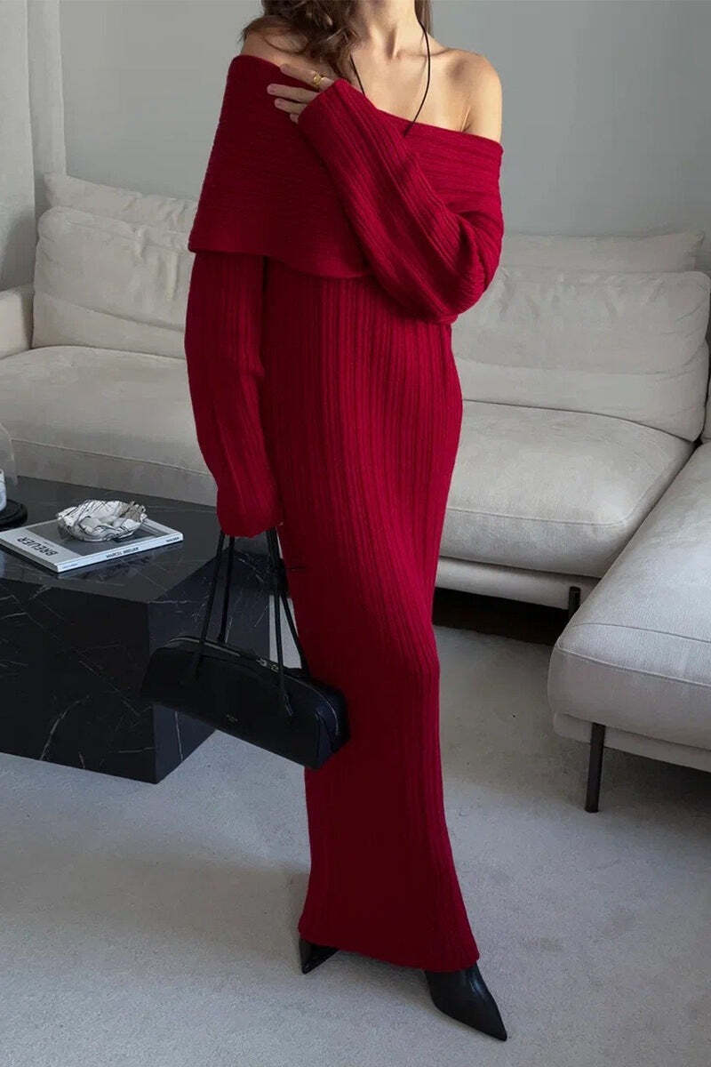 Solid Elegant Minimalist Off Shoulder Bodycon Knit Maxi Dress Solid Elegant Minimalist Off Shoulder Bodycon Knit Maxi Dress
