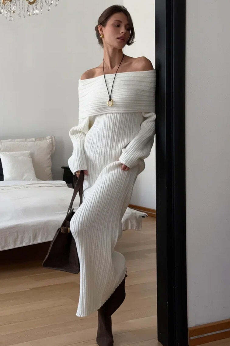 Solid Elegant Minimalist Off Shoulder Bodycon Knit Maxi Dress Solid Elegant Minimalist Off Shoulder Bodycon Knit Maxi Dress