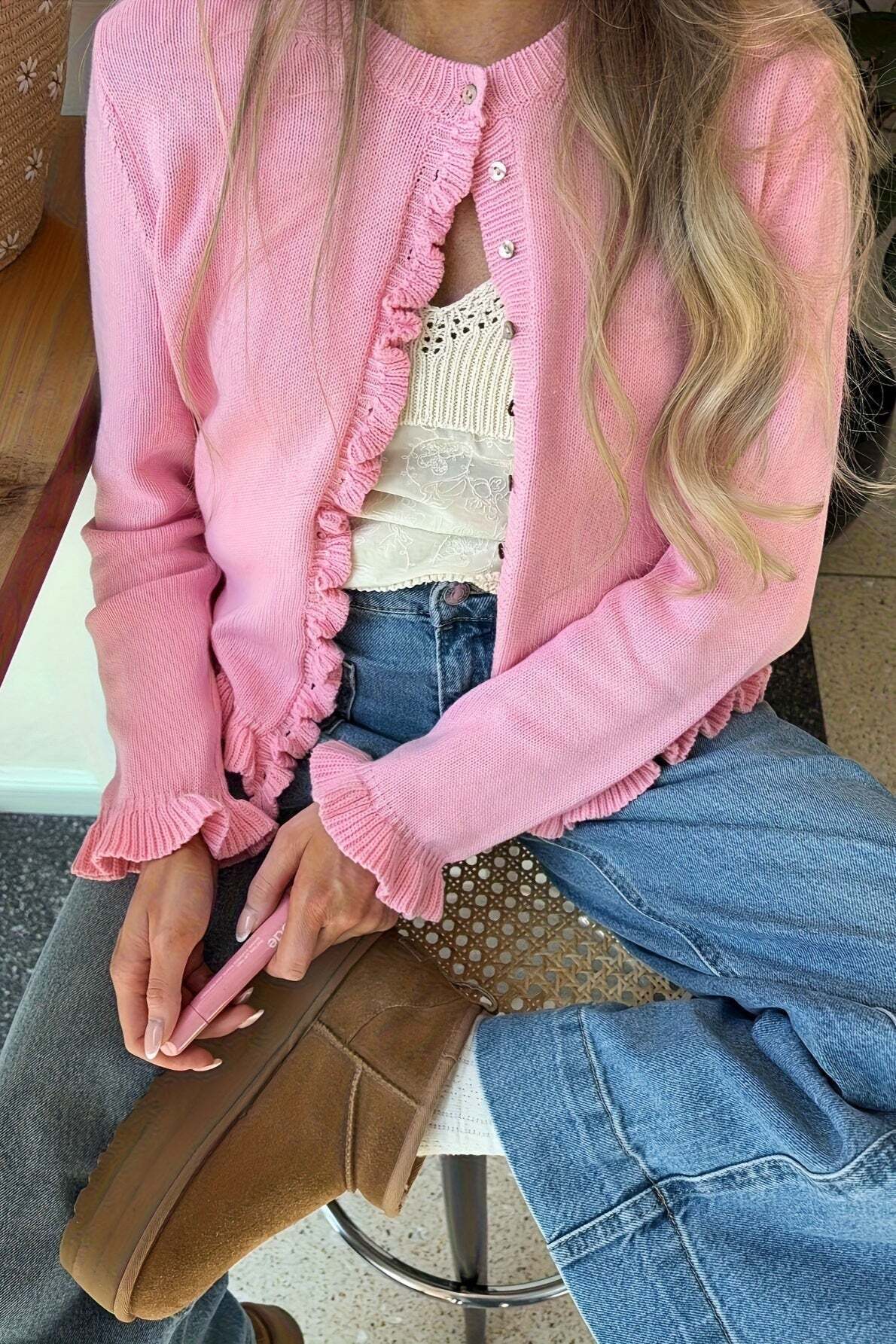 Solid Relaxed Lace Trim Long Sleeve Knit Cardigan