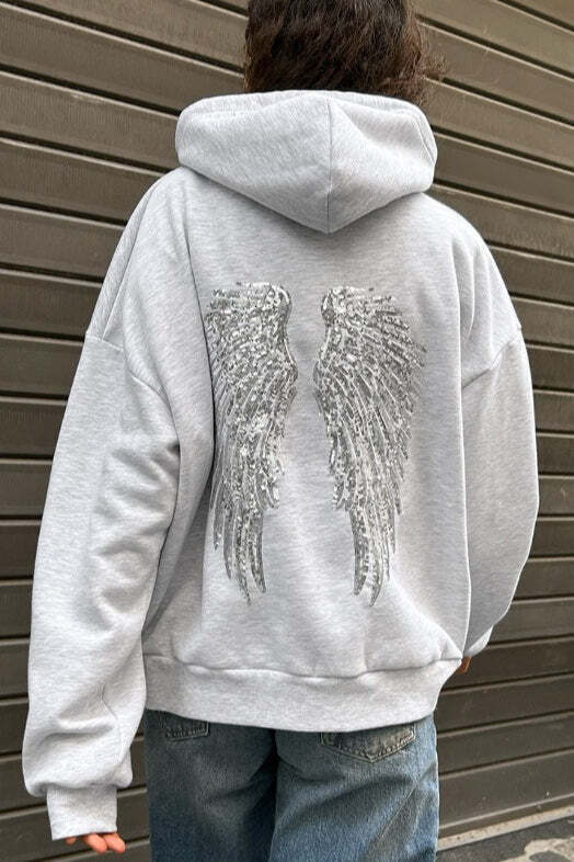 Solid Sequin Wing Graphic Relaxed Hoodie