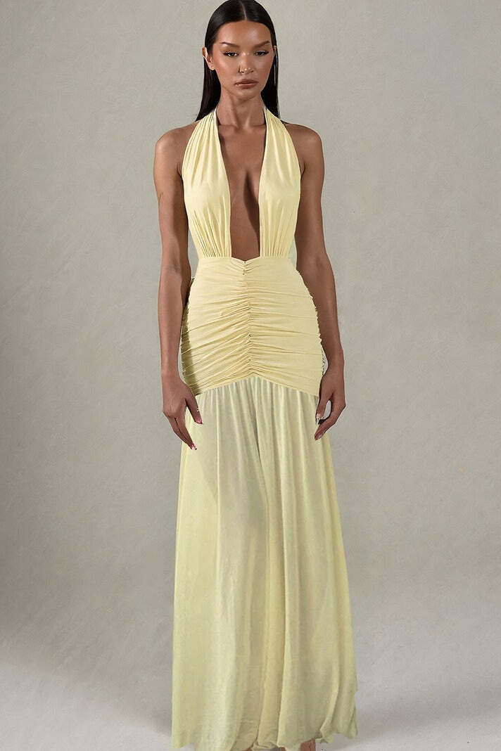 Solid Sexy Mesh Patchwork Deep V Halter Maxi Dress Solid Sexy Mesh Patchwork Deep V Halter Maxi Dress