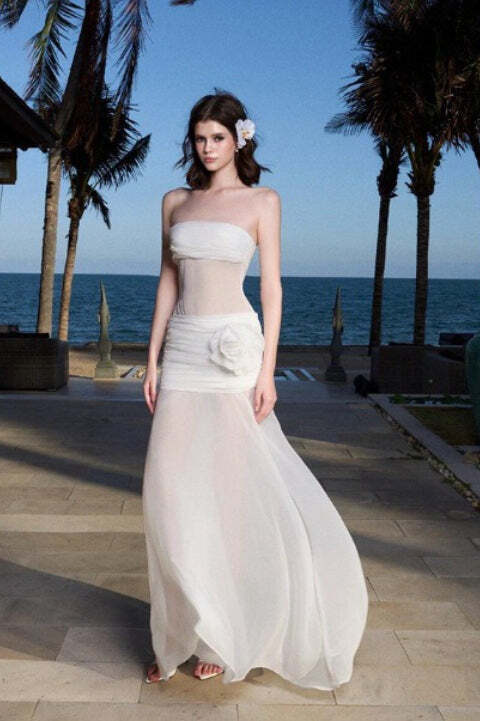 Solid Sheer Mesh Bandeau Maxi Dress Solid Sheer Mesh Bandeau Maxi Dress