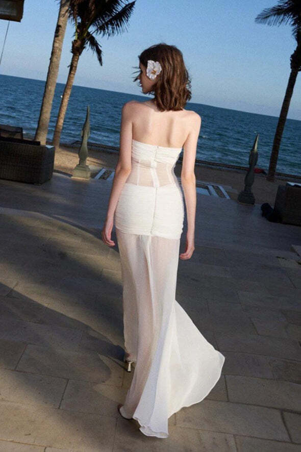 Solid Sheer Mesh Bandeau Maxi Dress Solid Sheer Mesh Bandeau Maxi Dress