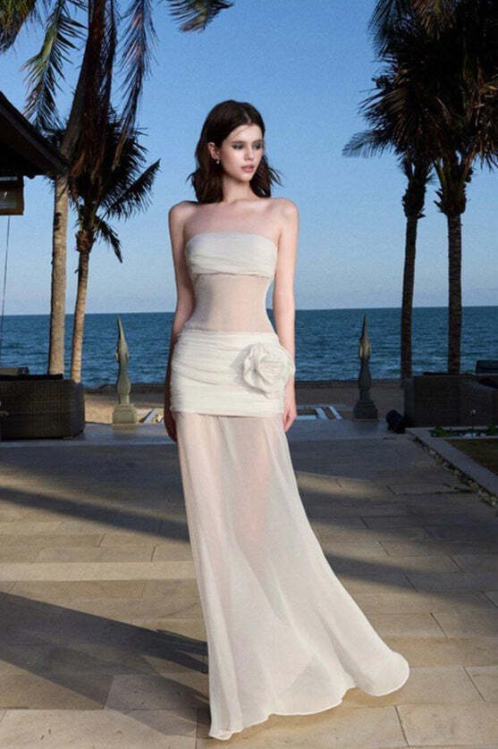 Solid Sheer Mesh Bandeau Maxi Dress Solid Sheer Mesh Bandeau Maxi Dress