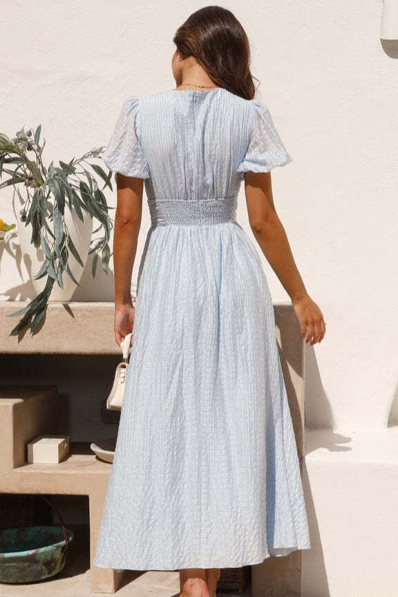 Solid V Neck Puff Sleeve Flared Midi Dress Solid V Neck Puff Sleeve Flared Midi Dress