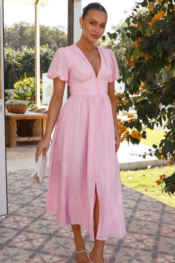 Solid V Neck Puff Sleeve Flared Midi Dress Solid V Neck Puff Sleeve Flared Midi Dress