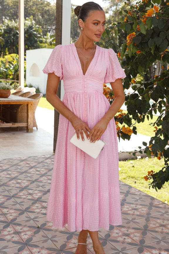 Solid V Neck Puff Sleeve Flared Midi Dress Solid V Neck Puff Sleeve Flared Midi Dress