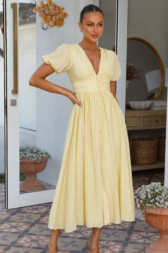 Solid V Neck Puff Sleeve Flared Midi Dress Solid V Neck Puff Sleeve Flared Midi Dress