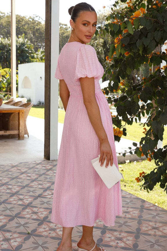 Solid V Neck Puff Sleeve Flared Midi Dress Solid V Neck Puff Sleeve Flared Midi Dress