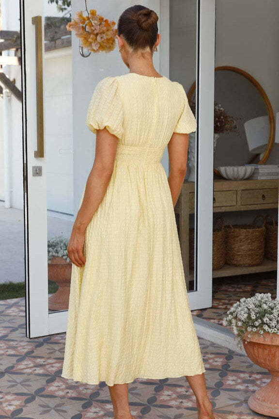 Solid V Neck Puff Sleeve Flared Midi Dress Solid V Neck Puff Sleeve Flared Midi Dress