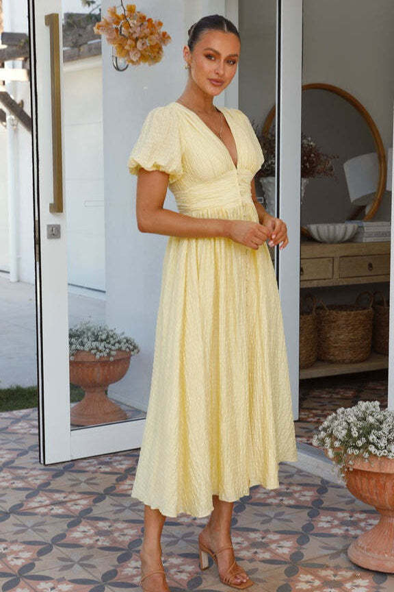 Solid V Neck Puff Sleeve Flared Midi Dress Solid V Neck Puff Sleeve Flared Midi Dress