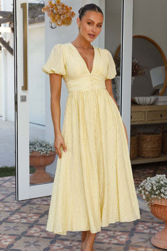 Solid V Neck Puff Sleeve Flared Midi Dress Solid V Neck Puff Sleeve Flared Midi Dress