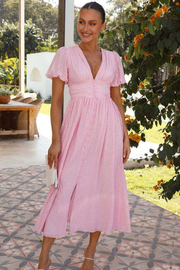 Solid V Neck Puff Sleeve Flared Midi Dress Solid V Neck Puff Sleeve Flared Midi Dress