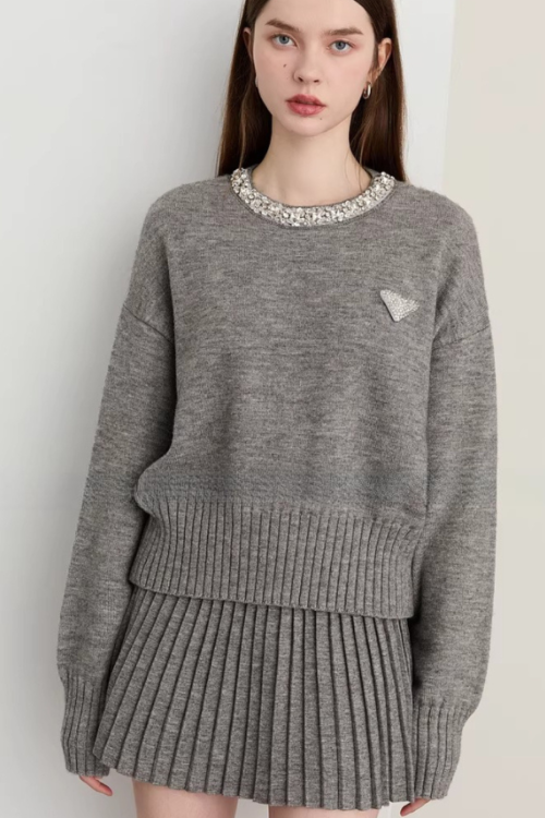 Sparkling Collar Knit Top / Knit Pleated Skirt