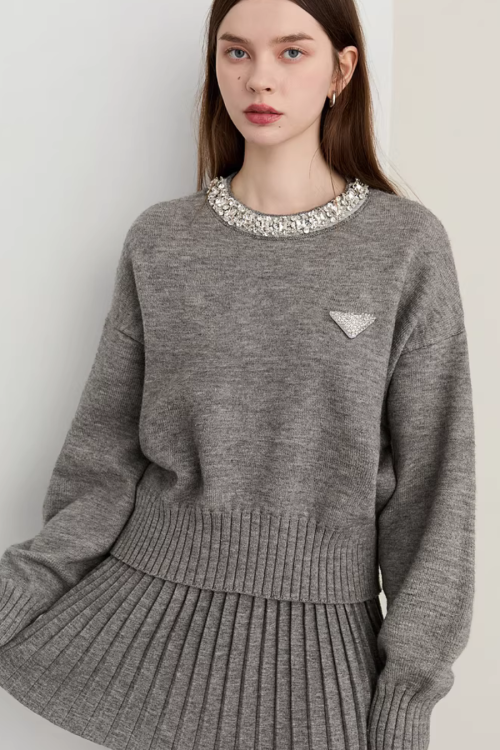 Sparkling Collar Knit Top / Knit Pleated Skirt