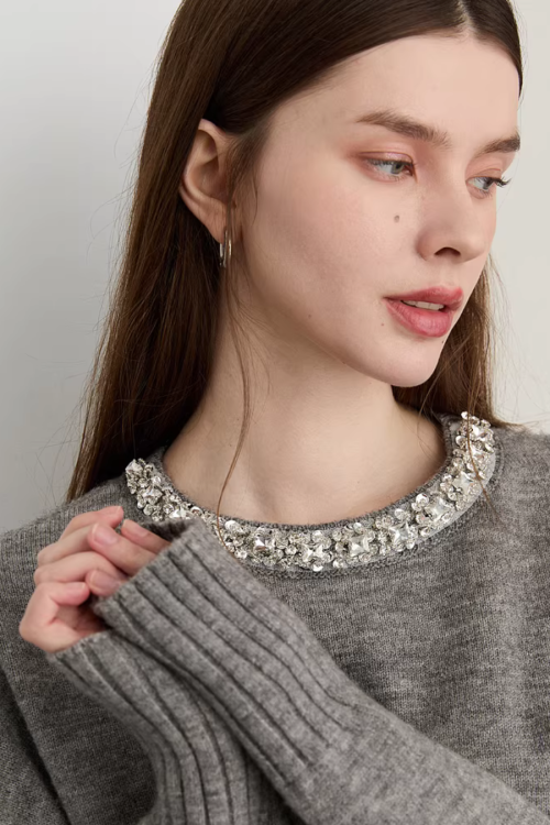 Sparkling Collar Knit Top / Knit Pleated Skirt