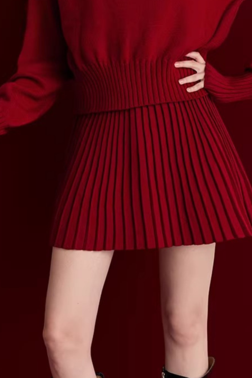 Sparkling Collar Knit Top / Knit Pleated Skirt