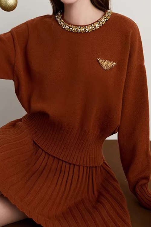 Sparkling Collar Knit Top / Knit Pleated Skirt