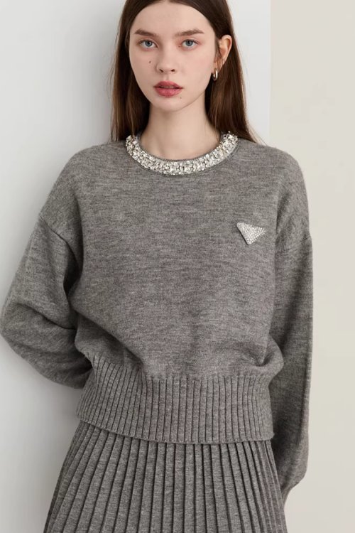 Sparkling Collar Knit Top / Knit Pleated Skirt