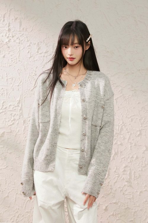 Speckled Rhinestone Knit Cardigan / Rhinestone Flash Jeans