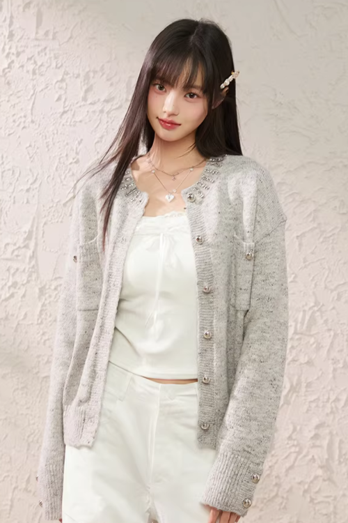 Speckled Rhinestone Knit Cardigan / Rhinestone Flash Jeans