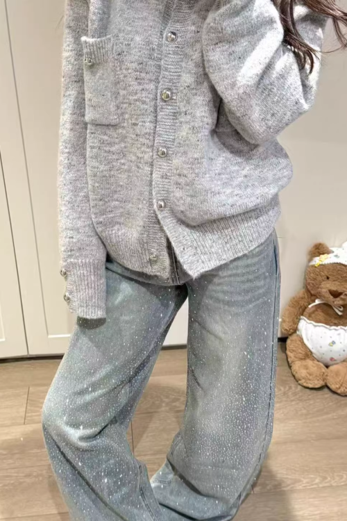 Speckled Rhinestone Knit Cardigan / Rhinestone Flash Jeans