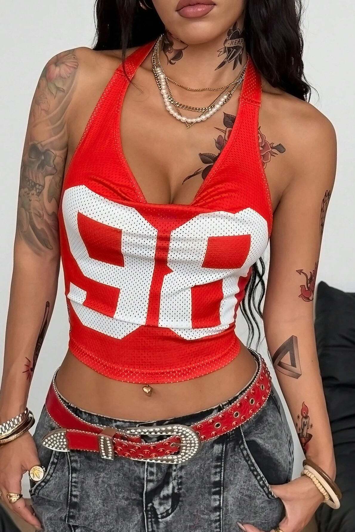 Sporty Number Print Solid Halter Top Sporty Number Print Solid Halter Top