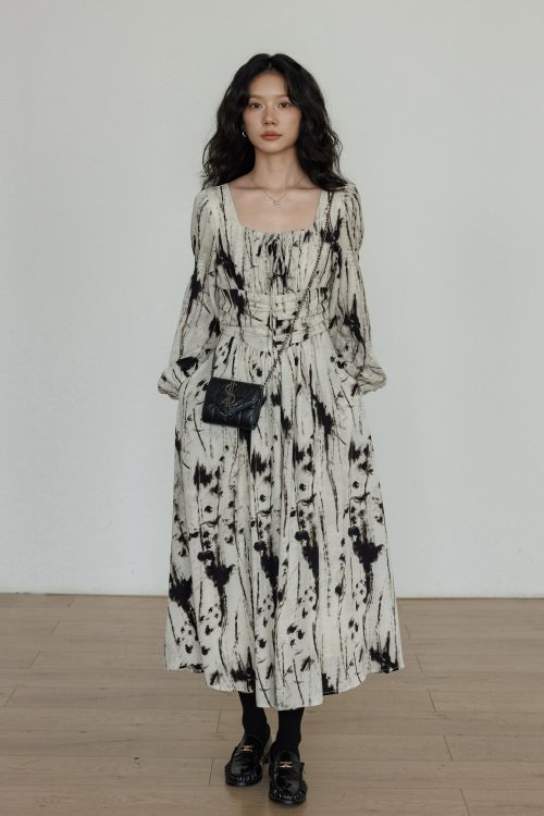 Square Neck Long Sleeve Dress