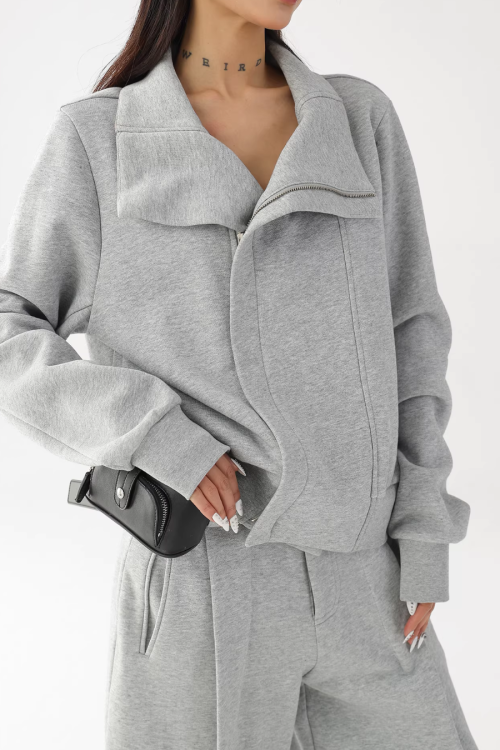 Stand Collar Cropped Jacket / Casual Wide Pants