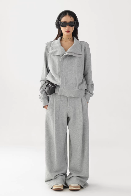 Stand Collar Cropped Jacket / Casual Wide Pants