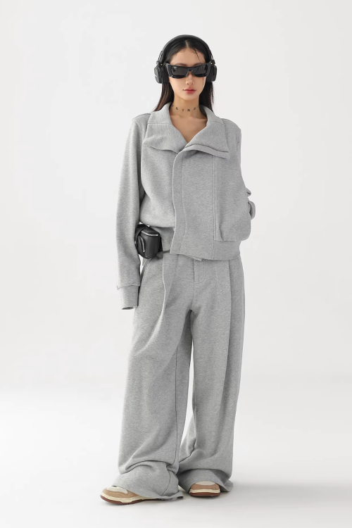 Stand Collar Cropped Jacket / Casual Wide Pants
